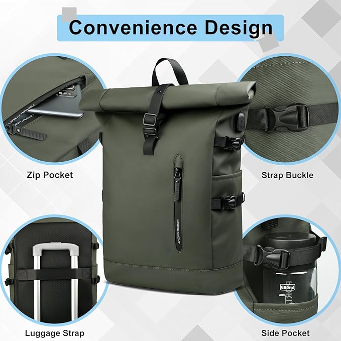 Roll Top Backpack, Waterproof Travel Backpack for Men Women, Expandable Casual Daypack for 15.6 Inch Laptop, Large Capacity Adjustable 18-27L Commute Laptop Backpack for Work Business College-Green