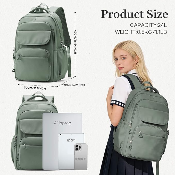 Cute School Backpack for Teens Girls Boys Waterproof School Bag Basic Backpack for College Students Multi Pocket Backpack Lightweight Casual Daypack Backpacks for Women Men（Green）