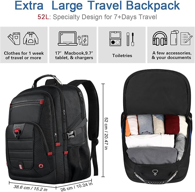 Z-MGKISS Extra Large Travel Backpack With 52L Capacity, Long-Term Durability TSA Backpack, Anti-Theft 17.3" Big Business Laptop Backpack for Men&Women, Water Resistant College Rucksack Bag, Black