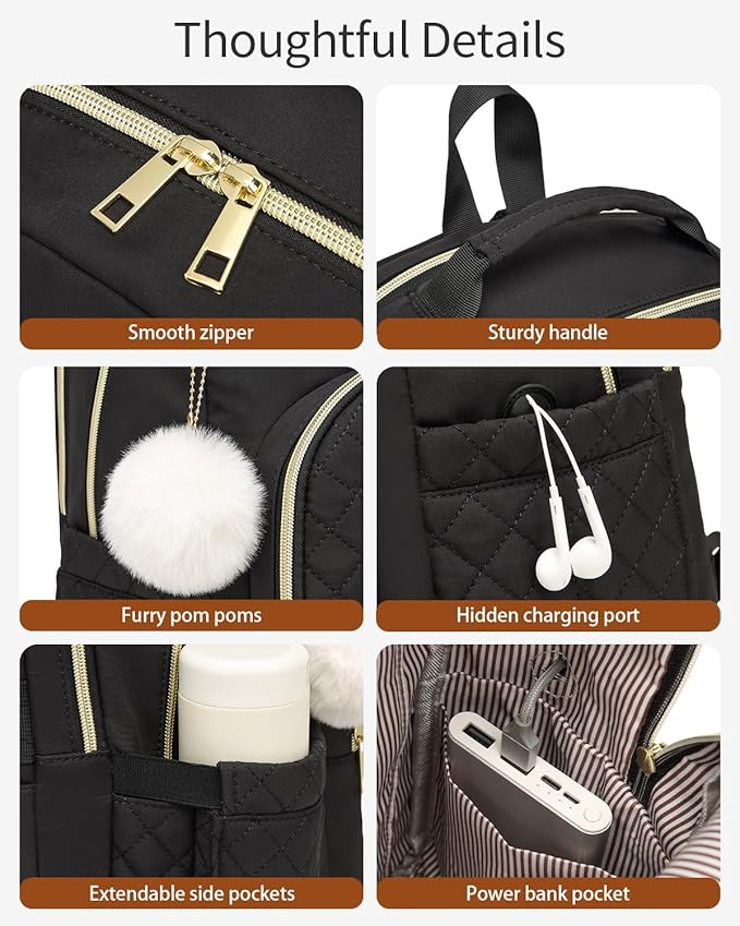 Laptop Backpack Women School Backpack for High School Teen Girls, Water Resistant College Bookbag with Charging Hole for Travel Work, Black