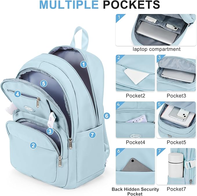 Lightweight Backpack for College & High School Backpack With Lots of Pockets Cute School Bag for Girls Boys, Large Capacity Bookbag for Women Men, Waterproof Teens Casual Daypack Backpack(Blue)