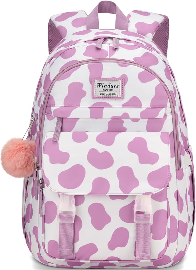 School Backpack for Teen Girls, Cute College Backpacks for Women Students Aesthetic Bookbag Large 15.6 Inch Laptop Bag Middle School Travel Back Pack (Cow Print Purple)