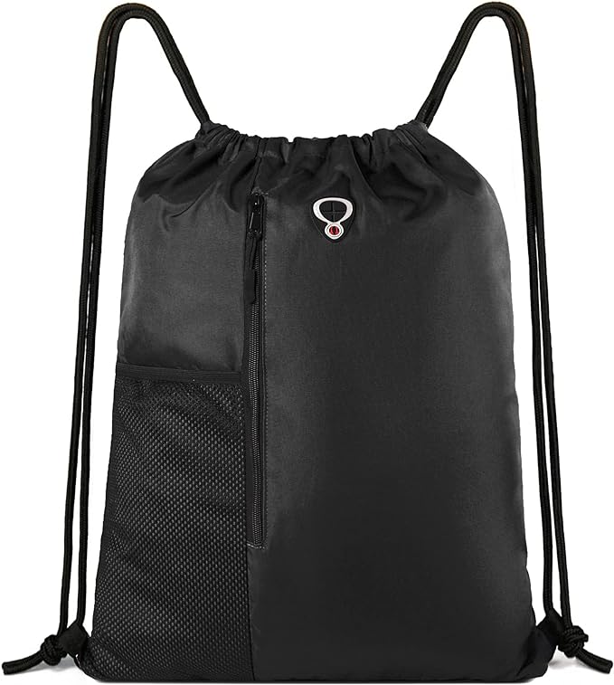 BeeGreen Black Drawstring Backpack Gym Bag For Men Women String Sports Backpack With Water Bottle Mesh Pockets And 2 Zippered Pocket Large Cinch Sackpack Workout Bag 16" x 20"