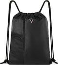 BeeGreen Black Drawstring Backpack Gym Bag For Men Women String Sports Backpack With Water Bottle Mesh Pockets And 2 Zippered Pocket Large Cinch Sackpack Workout Bag 16" x 20"