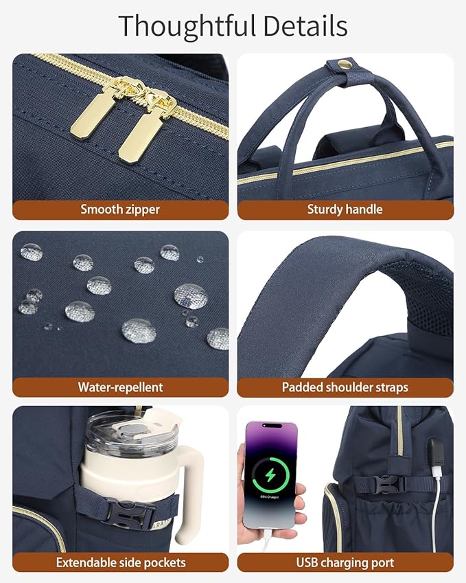 Computer Backpack for Women, Work Bag Laptop Bookbag with Cup Holder & USB Charger for Teacher Nurse College Travel Back Pack, Gifts, Navy Blue