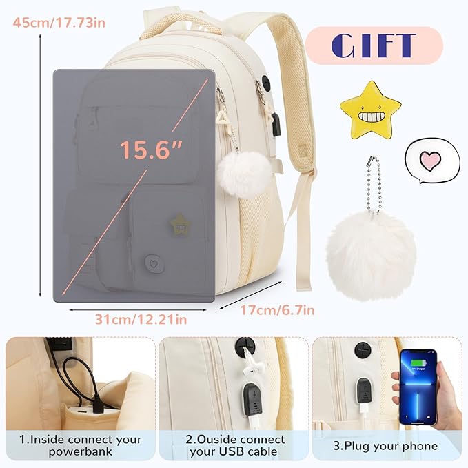 Cute Middle High School Bags Bookbag for Teen Girls,Laptop Backpack for Women,Back Pack Knapsack for College Student(Beige)