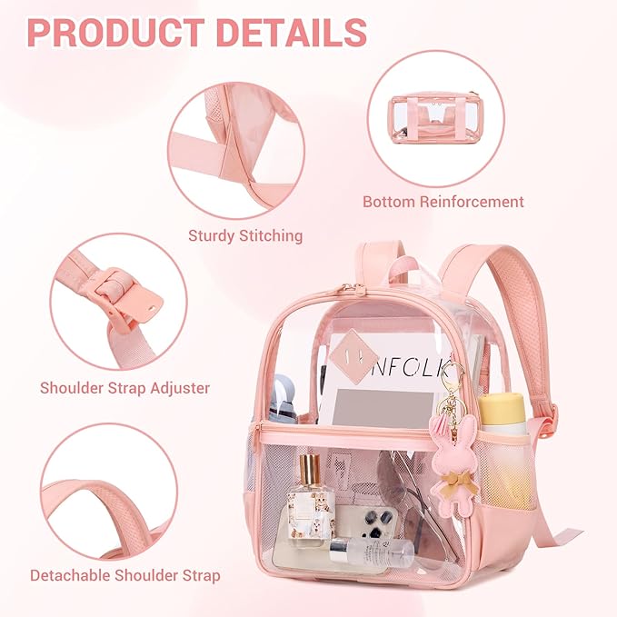 Clear Backpack for Stadium Events Approved 12×6×12, Thick TPU Mini Clear Bag with Front Pocket for Concert Sport Events Work Travel, Pink