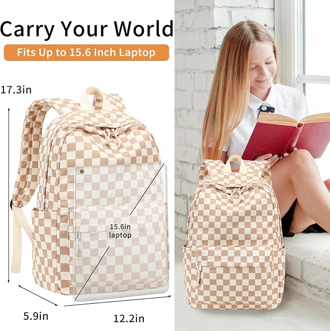 LOULOU Kids Backpack for Girls, Large Checkered School Backpack for Kids 8-12, Lightweight Bookbag for Elementary Middle & High School, Travel & Airplane Backpack for Kids, Cute Back to School Gifts