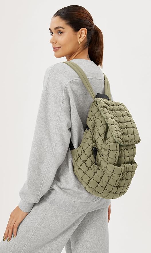 ODODOS Quilted Backpack 2.0 for Women Lightweight Puffer Hiker Pack Drawstring Padding Travel Gym Bag, Gray Green