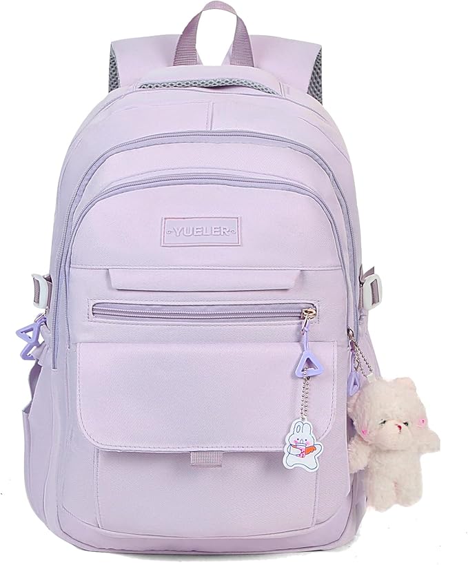Girls Backpack for College High Middle School Student, Cute Aesthetic Bookbag for Teens Women with Accessories，Purple