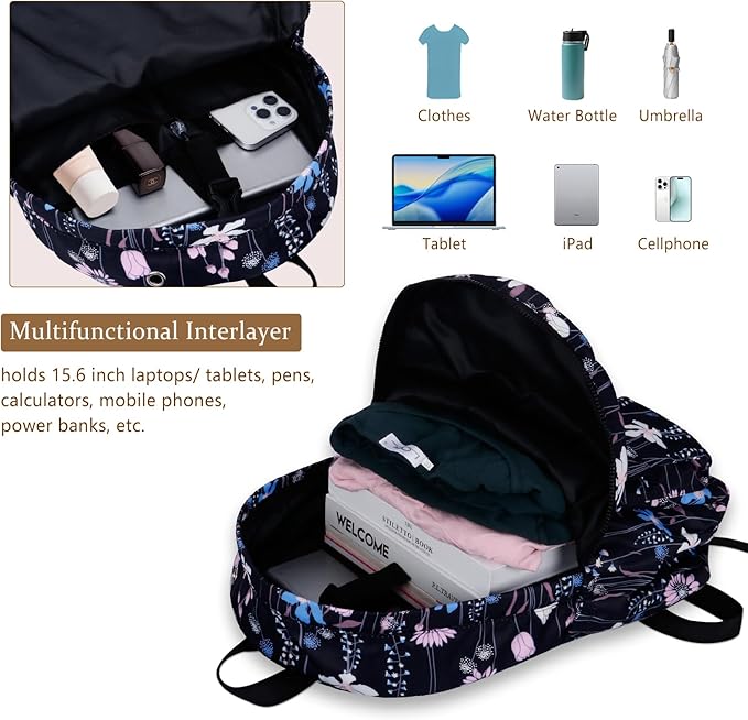 Women's Water-resistant Daypack Backpack, 15.6 Inch Laptop Compartment & Anti-Theft Pocket, Adjustable Padded Straps for Commuting, Travel, Work, College, Dreamy Flower
