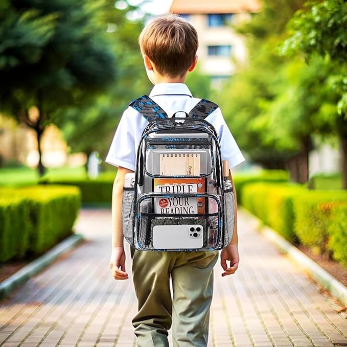 Bluboon Clear Backpack Heavy Duty Kids Boys Clear Bookbag See Through Backpacks with Pencil Case for College Work (Transparent Blue)