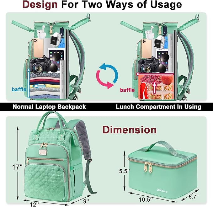 Weitars Lunch Backpack For Women,15.6 Inch Laptop Backpacks For Womens Back pack, Travel Backpacks,Work Backpack For Women (LightGreen)