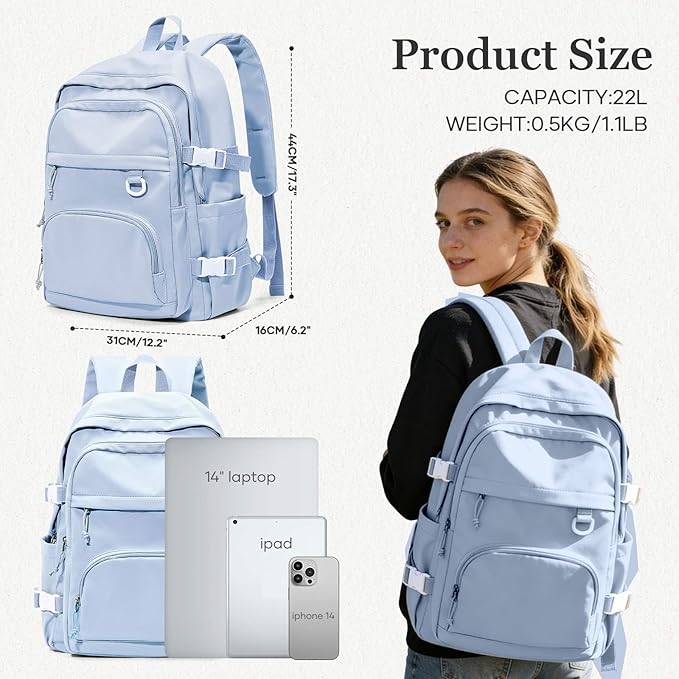 Lightweight College Backpack for Women Men Cute School Bag for Teens Girls Boys High School Backpack for Students Waterproof Casual Daypack Backpack（Milky Blue）