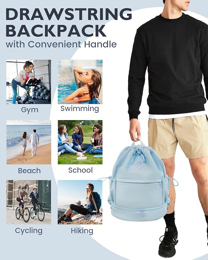 Drawstring Backpack Sports Gym Bag with Shoe Compartment and Wet Pocket String Swim Bag for Women Men Beach Backpack, Blue