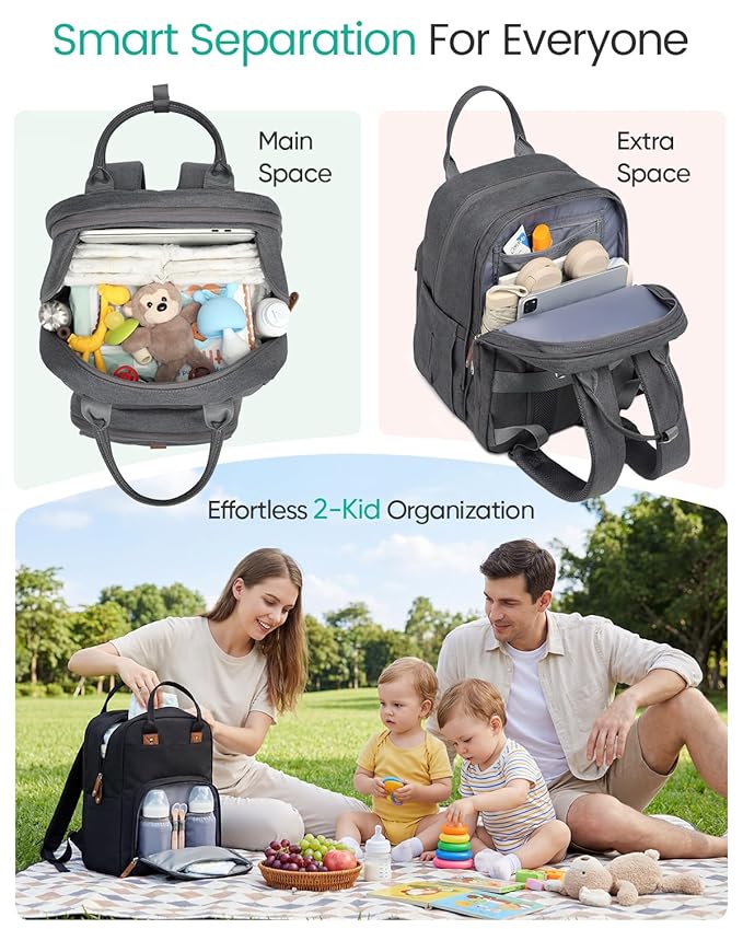 Extra Large Diaper Bag Backpack for Two Kids Twins - Expandable Baby Bag (26-36L), Dual Big Compartments - Includes Changing Pad & Stroller Straps, Unisex Dark Grey
