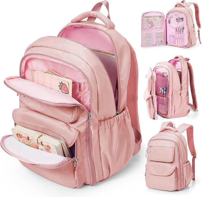 Backpack for Girls,Kids School Backpack Girls Cute Kindergarten Elementary Preschool Middle School Bags Kids Teens Aesthetic Bookbag Kawaii Backpacks Student Daypack Pink