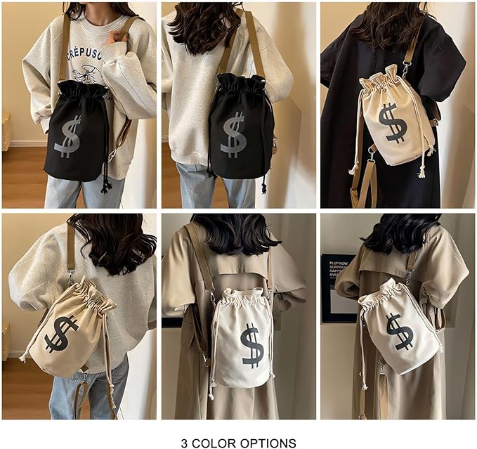 Canvas Drawstring Backpack with Coin pouch, Large Money Dollar Sign Bucket Rucksack, Lightweight Sport Bags (Deep Black)