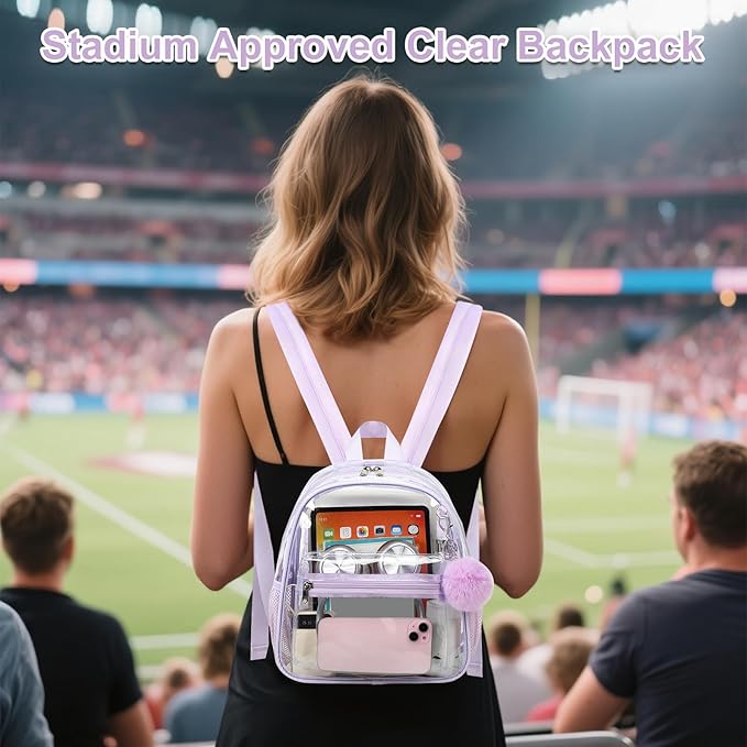BTOOP Clear Mini Backpack for Stadium Events 12x12x6 Small Transparent Backpacks Plastic See Through Clear Bag for Concerts Work Festival Security Travel Purple