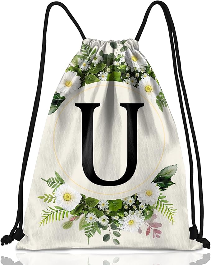 Initial Letter Drawstring Backpack String Sports Gym Bags Waterproof Sackpack Cute for Men Women Beach (13"×17") (Letter-U)