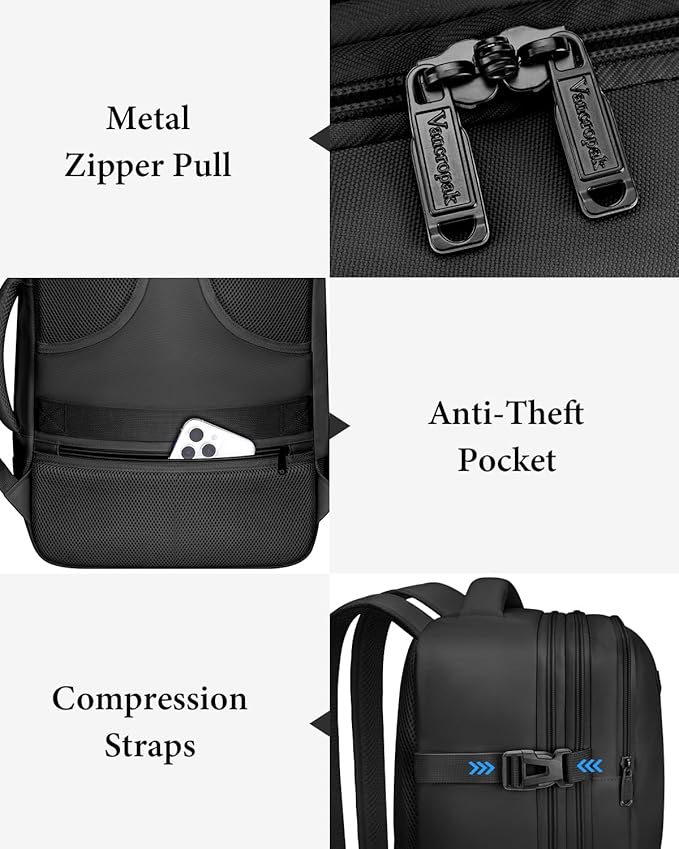 Vancropak Carry on Backpack, 47L Expandable Extra Large Travel Backpack with 3 Packing Cubes, Flight Approved Water Resistant Luggage Suitcase Weekend Duffle Bag Overnight Daypack for Men Women, Black