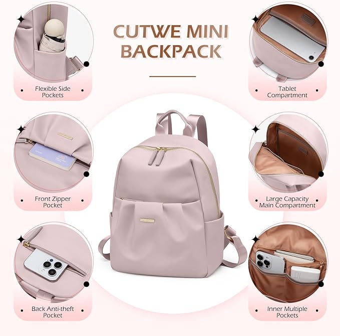 Small Backpack for Women Lightweight Mini Cute Back pack Daypack Purse fot Casual Daily Travel College Work,9.7 Inch,Greyish pink