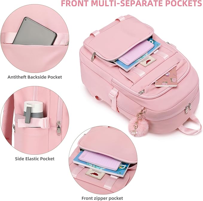 LXYGD 3 PCS Backpack for Teen Girls,Laptop Backpacks 15.6 Inch School Bag with Lunch Box Pencil Pouch Set for Students Aesthetic College Bookbag Travel Daypack(Pink)