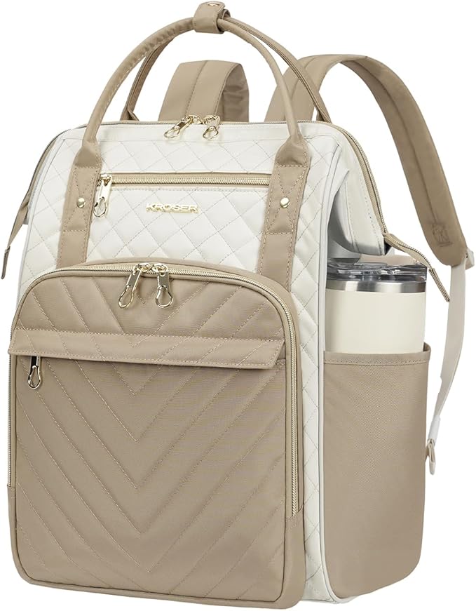 KROSER Laptop Backpack 17" Stylish Backpack Water Repellent College Casual Daypack with USB Port Travel Business Work Bag for Men/Women-Beige/khaki