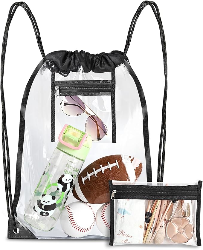 Clear Drawstring Bag, 17x13in Transparent Backpack, Clear Bag for Stadium Approved Concert Baseball Festival Beach Makeup Gym Bag (1, Black)