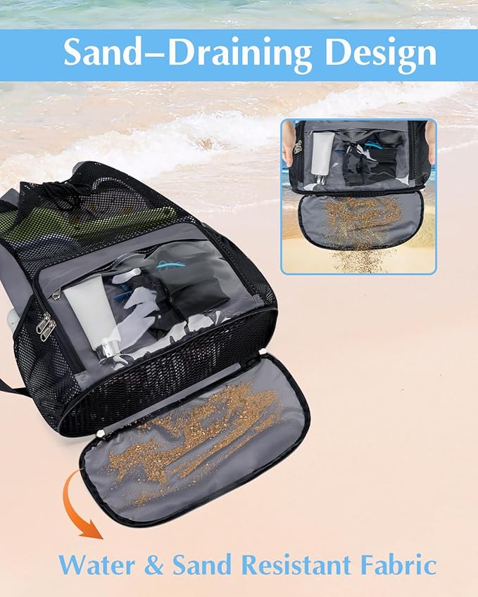 Drawstring Backpack Sandproof Beach Backpack with Shoe Compartment & Wet Pocket Waterproof Mesh Swim Bag Pool Bag for Gym, Travel and Workout Gear (Grey)