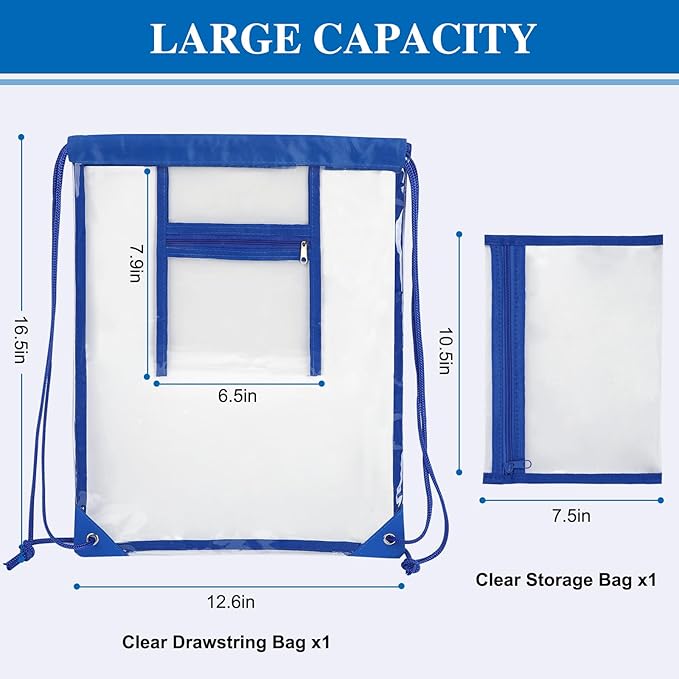 Clear Drawstring Bags, Transparent Storage Backpack for Stadium Approved,2 pieces, Concert Baseball Festival Beach Makeup Bag (1, Blue)