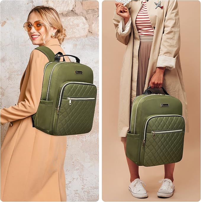Modoker Eco-Friendly 15.6 Inch Women's Laptop Backpack, Quilted Work and Travel Backpack with USB Charging Port, Green