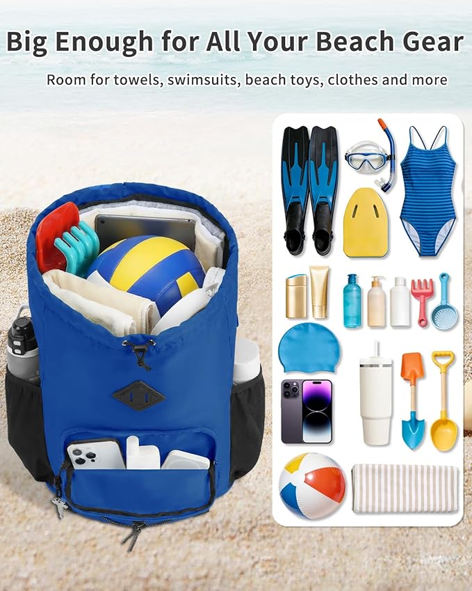 WANDF Drawstring Backpack with Removable Wet Pocket, Sandproof Beach Backpack with Bottom Compression Strap for Beach Mat, Swim Bag for Pool, Gym, Travel and Workout Gear (Navy Blue)