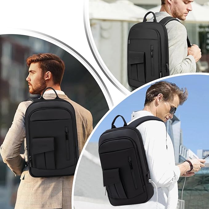 Business Backpack for Men Slim Lightweight Laptop Backpack Water Resistant Small Office Backpack for Commute Travel Daily Office Work with Small Bag (Black, 15.6")