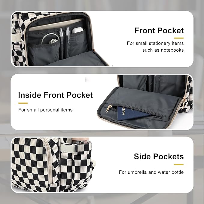 Laptop Backpack for Women, Corduroy College School Backpack Bookbag 15.6 inch Business Computer Travel Backpack (Checkered Black)