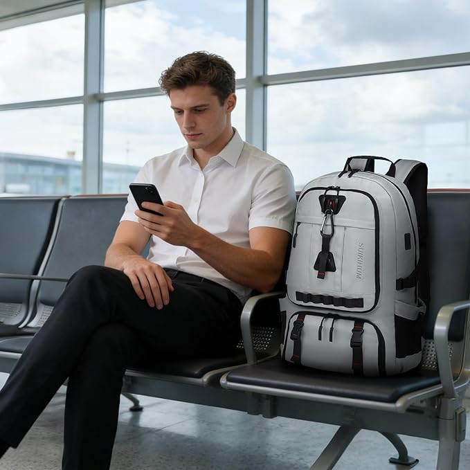 Travel Backpack for Men, 45L Expandable TSA Approved Laptop Backpack Fits 18.4 Inch, Water-Repellent W/Shoe Compartment & Wet Pocket Anti-theft Pocket, Light Grey
