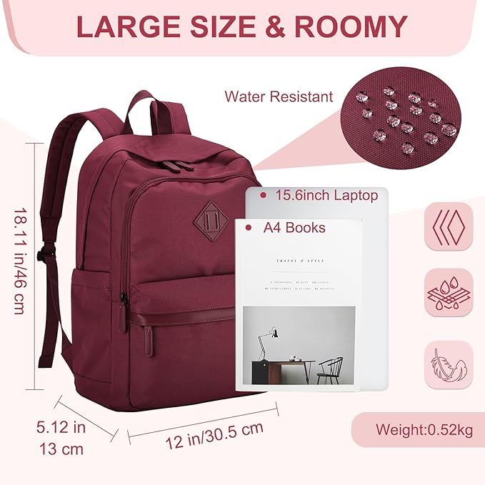 RAVUO Backpack for Women, Water Resistant School Bookbag with 15.6 inch Laptop Compartment Casual College Schoolbag Daypack for Teen Girls,Red