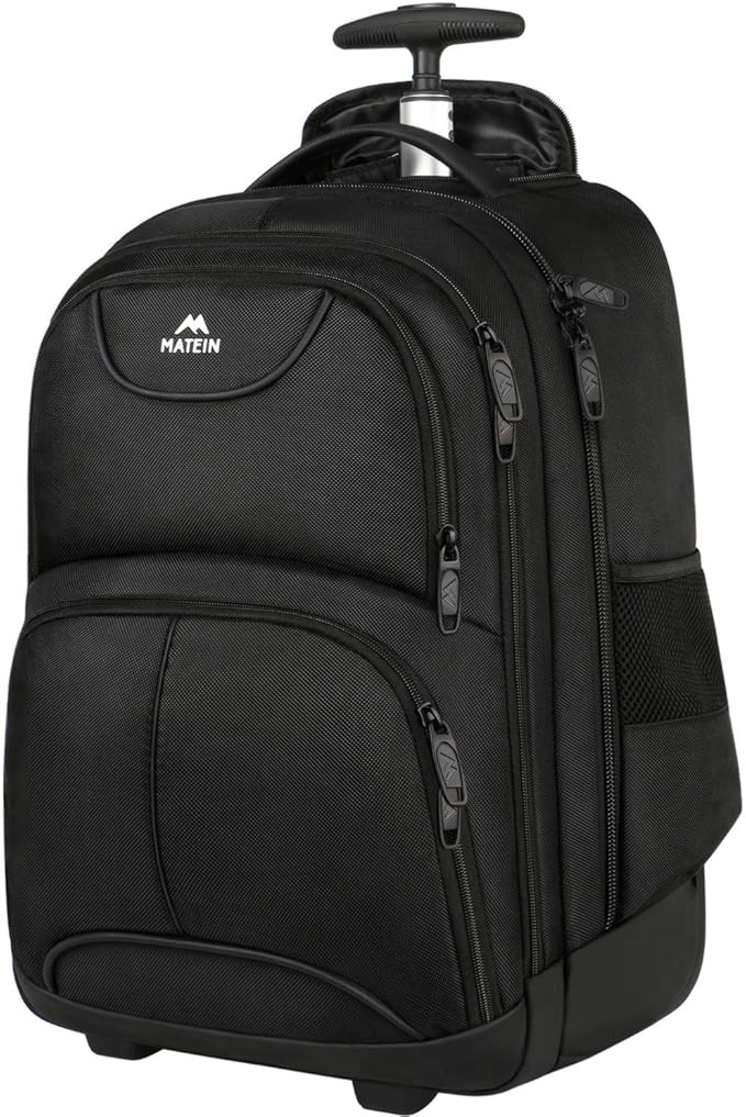 MATEIN Wheeled Backpack, 18 inch Laptop Backpack with Wheels for College, Rolling Travel Backpack, Carryon Trolley Luggage Suitcase Compact Business Computer Bag for Men Women, Black
