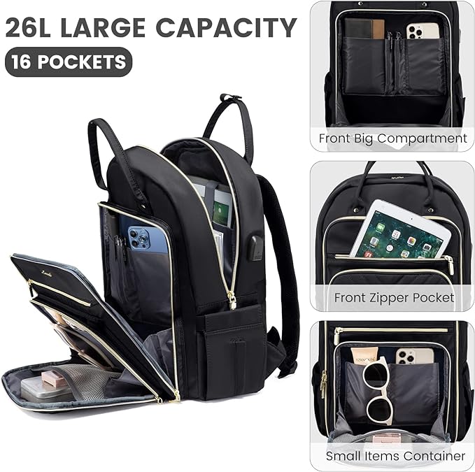 LOVEVOOK Laptop Backpack Women Teacher Backpack,15.6 Inch Laptop Bag with USB Port,Waterproof Daypack for Work Travel,Black