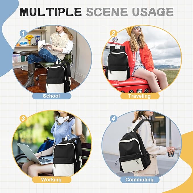 BJLFS Black White Backpack for School, High School Bookbag Back Pack for Teens Girls Boys, Lightweight College Backpack Book Bag for Women Men, Simple Casual Daypack Backpack Mochilas Escolares para