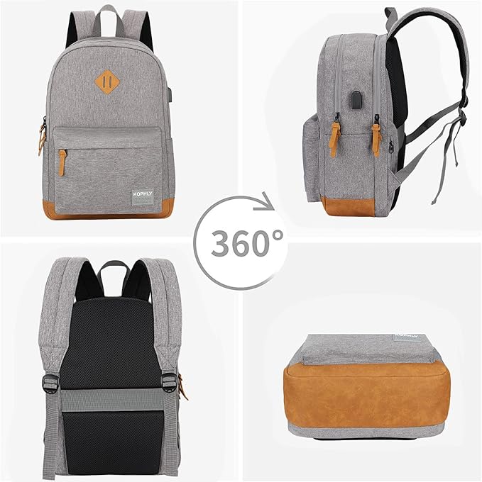 SUPACOOL Lightweight Laptop Backpack with USB Charging Port for Men and Women, Double Layers Backpack for College, Work, Travel, Casual(Light Grey)