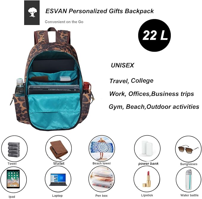 ESVAN Corduroy Backpack Lightweight Fashion 17 inch Laptop Bag for Women Casual College (Corduroy leopard print)