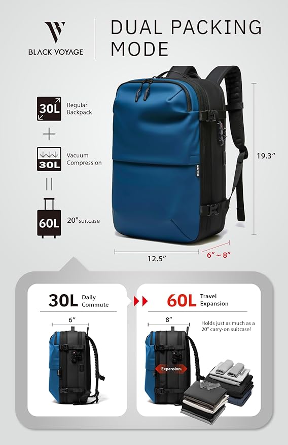 BlackVoyage Vortex Vacuum Seal Travel Backpack 60L Expandable Air Compression System Water Resistant TSA Lock Carry-On Suitcase Luggage Blue AERO - Vacuum Pump Included