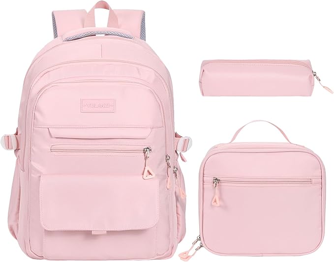 Phaoullzon Teen Girls School Backpack with Lunch Box for Boys, College Aesthetic Laptop Bookbag for Women,Pink