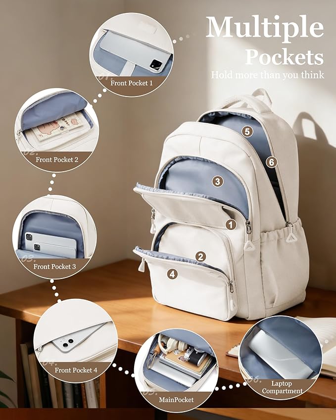 weradar School Backpack for Women Men Cute Backpack for College Students Lightweight High School bag for Teens Girls Boys Waterproof Casual Daypacks Bookbag(Beige)