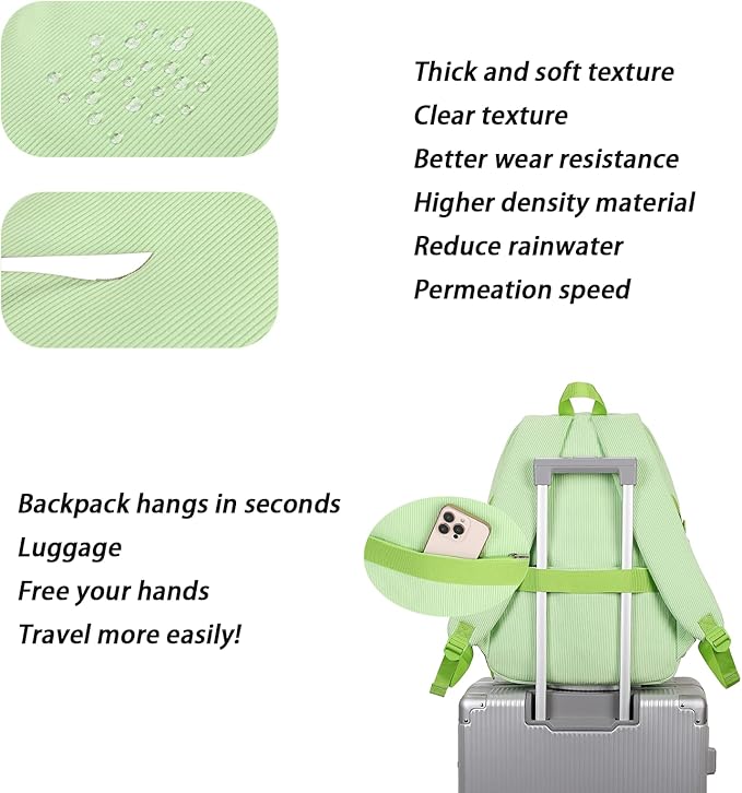 Girls Laptop Backpack Corduroy Bookbag For Teen Big Studen School Bag Durable Travel Daypack (5green)