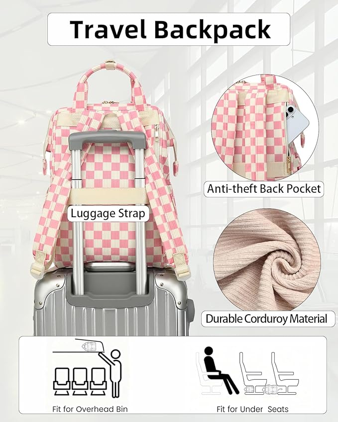 Laptop Backpacks for Women, Corduroy High School College Bookbag 15.6 Inch Laptop Bags for Girls Travel Daypack - Checkered Pink