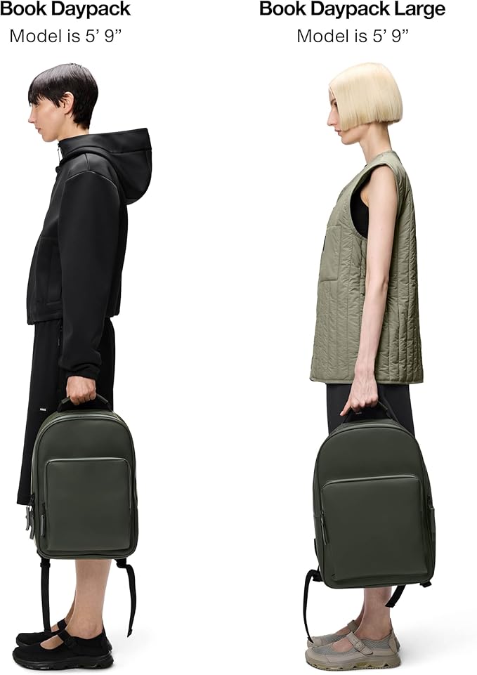 RAINS Book Daypack Large Green Laptop Backpack for Men and Women, Waterproof Black Minimalist Commuter Bag with 15”-16"