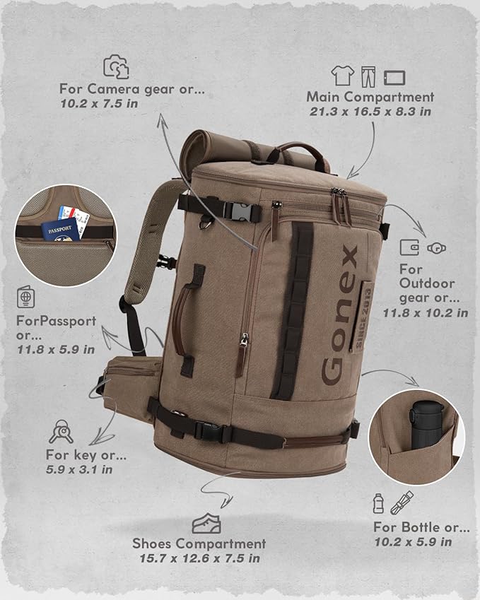 Gonex Canvas Travel Backpack, Large 3-in-1 Convertible Vintage Laptop Duffel Bag for Men & Women, Durable Carry-On for Work, College & Outdoor Adventure (Coffee Brown)