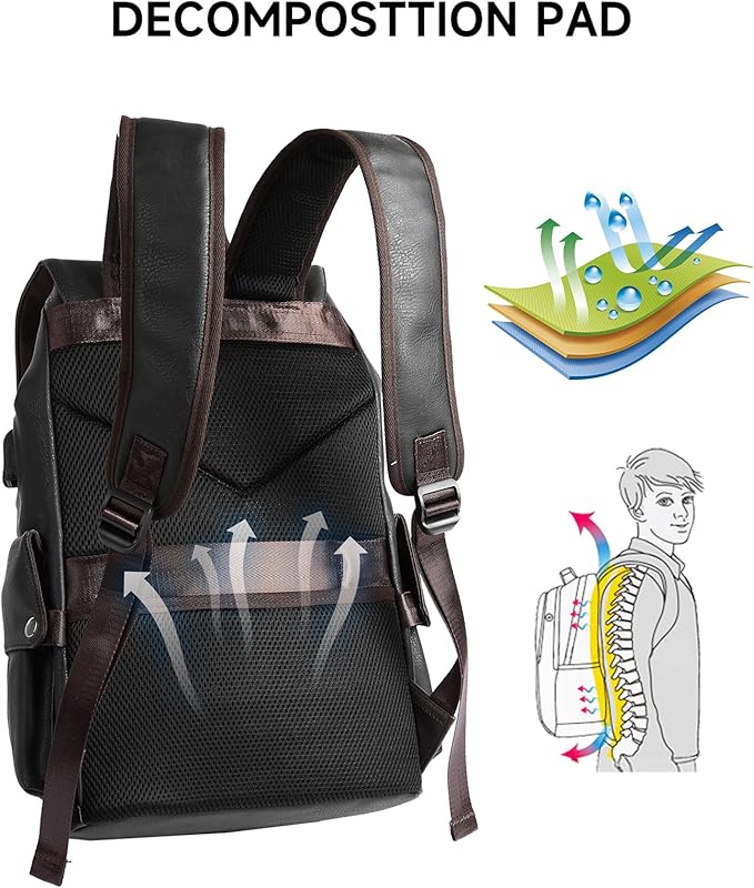 Laptop Travel Backpack For Men Vintage PU Leather Water-Resistant College School Casual 15.6" Laptop Work Backpack Gift For Male Female Black